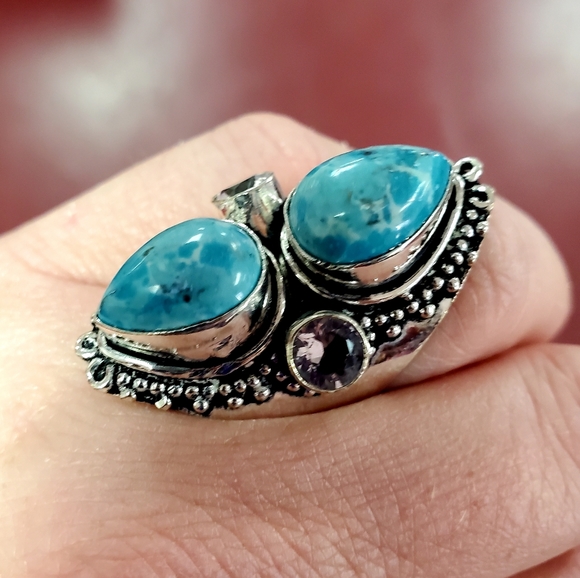 New Huge Mosaic Jasper & Iolite 925 Silver Statement Ring. - Picture 3 of 12